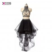 2018 Sexy Black Two Pieces High Low Prom Dresses Halter Beading Cut Out Back Tulle Front Short Long Back Formal Party Gowns