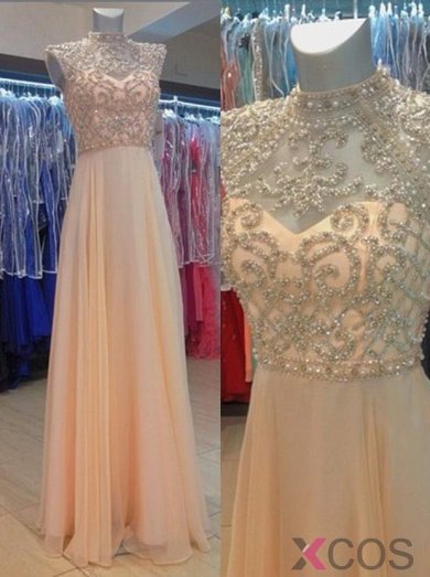 Glamorous A-Line High Neck Floor Length Pink Prom Dress/Evening Dress with Pearls