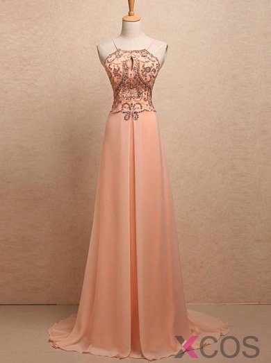 Simple Dress A-line Spaghetti Straps Key-hole Beading Long Chiffon 2015 Prom Dresses/Evening Dresses CHPD-7016