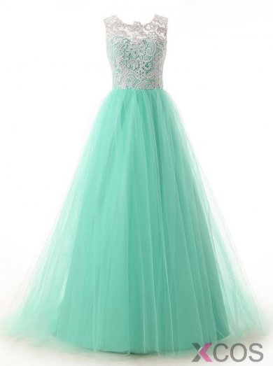 Elegant A-line Scoop Floor Length Tulle Homecoming Bridesmaid/Prom Dresses With Lace