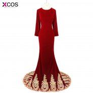 Real Photo 2018 Applique Beaded Robe de Soiree Muslim Evening Dresses Long Sleeve Dubai Burgundy Velvet Mermaid Prom Dress