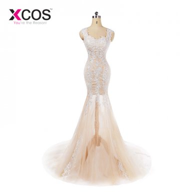 XCOS Luxury Champagne Mermaid Wedding Dresses 2018 Customize Back Zipper Embroidery Lace Bridal Gown Train Vestidos De Noiva