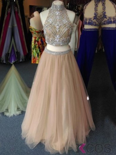 Two-piece Prom Dress - High Neck Tulle Beading