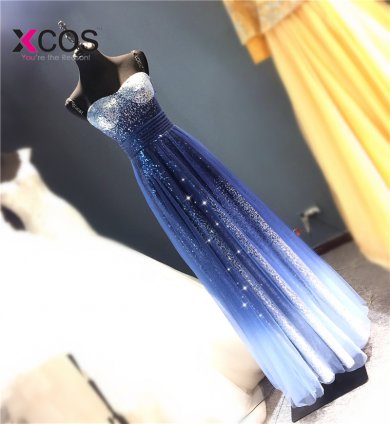 XCOS New Bling Sequin Party Prom Dress Ombre Silve Navy Blue Vestido de Festa Sweetheart Floor Length Long Style Dress 2018