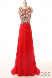 Beaded Long Prom Dress Red Chiffon Cheap Evening Gowns ED0712