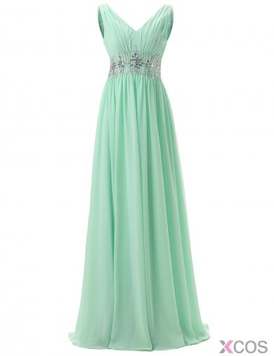 Elegant V-neck Beading Long Mint Prom Dress Formal Evening Gown