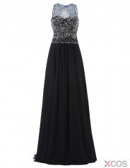 Elegant Jewel A-line Beading Long Black Prom/Evening Dress