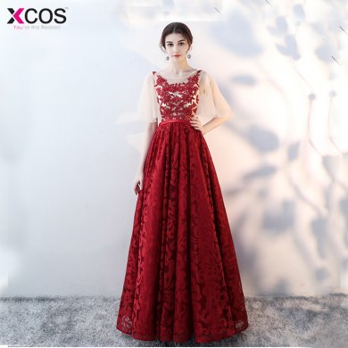 Fantastic Appliques Top Long Prom Dress Robe De Soiree Illusion Sleeve New Red Evening Dresses Party Gowns Vestido De Festa 2018