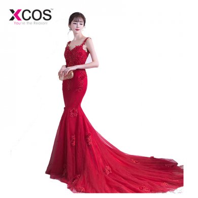 XCOS Sweetheart Lace Applique Red Mermaid Evening Dresses 2018 Custom made Long Train Sleeveless Beads Formal Party Dresses