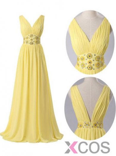 Simple-dress Elegant Yellow V-neck Beading Deep V Long Chiffon Prom Dresses/Evening Dresses/Homecoming Dresses CHPD-7404