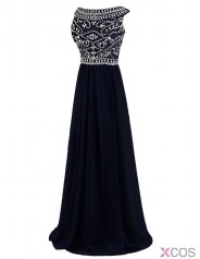 Elegant A-line Bateau Black Chiffon Long Prom Dress Evening Gowns With Beading