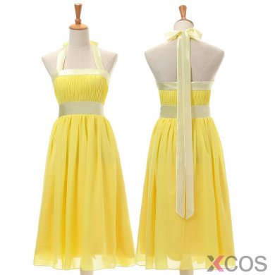 Latest A-line Halter Yellow Knee Length Chiffon Bridesmaid Dresses CHDT100038