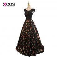 XCOS Summer Dresses Sexy Scoop Sexy Sleeveless Black Long Flower Print Lace Evening Dress 2018 Black robe de soiree longue