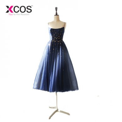 XCOS Navy Blue Formal Evening Dresses Golden Stars Tea-Length Short Prom Dress 2018 New Arrival Vestido Formal