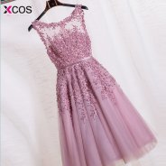 Pink Beaded Lace Appliques Short Prom Dresses 2016 Robe De Soiree Custom Made Knee Length Party Evening Dress