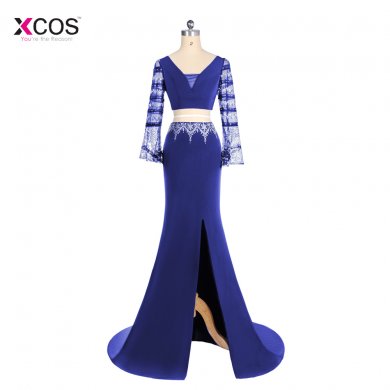 Sexy Two Pieces Prom Dresses Long 2018 Royal Blue Sheer Long Sleeve Beads Criss Cross Back Side Split Formal Party Gowns