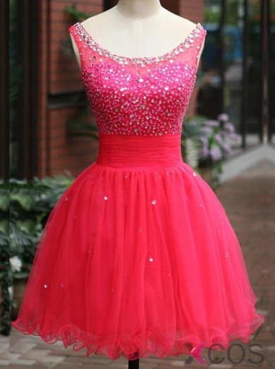 Simple-dress 2015 Hot-selling A-line Scoop Sleeveless Short Tulle Beading Red Homecoming Dress/Party Dress TUHD-81228