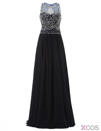 Elegant Jewel A-line Beading Long Black Prom/Evening Dress