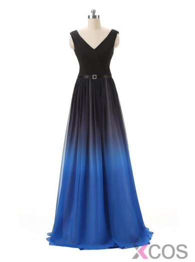 Gradient A-Line V-Neck Floor Length Chiffon Prom/Evening Dress with Belt