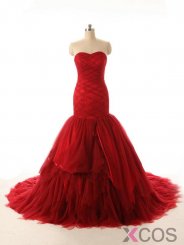 Simple Dress Popular Handmade Wedding Dresses 2015, Long Mermaid Red Wedding Dresses, Long Tulle Wedding Dresses TUWD-7087