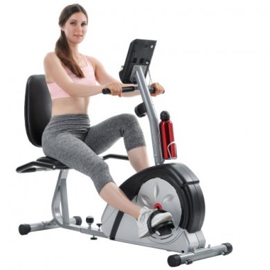 Comjoin Recumbent Exercise Bike with Magnetic Stationary and Pulse Monitor, Adjustable Seat，Silver