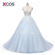 XCOS Hot Sale Light Blue Ball Gown Lace Prom Dresses Gowns for Party Chapel Train Appliques vestidos de baile Long Evening Gowns