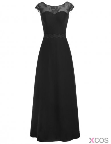 A-line Scoop Chiffon Cap Sleeves Long Black Prom Dress Evening Gowns With Appliques