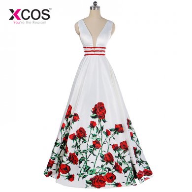 XCOS New Prom Dresses 2018 Red Rose Pattern Beads Sash Backless Long Party Dress Elegant White Evening Gowns vestidos de gala