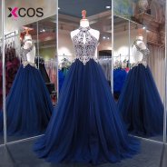 XCOS Sexy Navy Blue Backless Prom Dresses 2018 Lace Appliques Beads Long Evening Gowns Halter Vestido Formatura