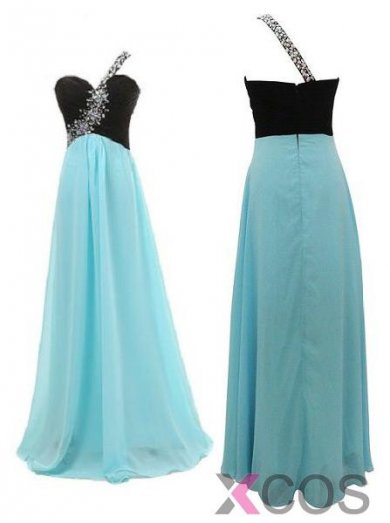 Simple Dress Classic Prom Dresses, Beading One-shoulder Long Chiffon Prom Dresses, Black Top Blue Chiffon Prom Dresses CHPD-7085