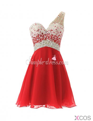 Simple-dress 2015 Fashion A-line One-shoulder Mini Chiffon Beading Homecoming Dress/Party Dress CHHD-81190