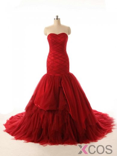 Simple Dress Popular Handmade Wedding Dresses 2015, Long Mermaid Red Wedding Dresses, Long Tulle Wedding Dresses TUWD-7087