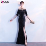 2018 Scoop See-through Black Sequins Party Formal Dress Half Sleeve Beads Sexy Mermaid Long Evening Dresses