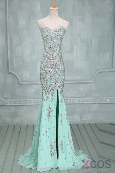 Mermaid Beaded Mint Front Split Long Prom Dress Evening Dresses ED0646