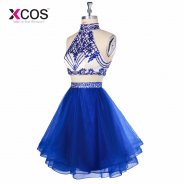 XCOS 2018 Royal Blue Gardlilac Halter Two Pieces Homecoming Dress Tulle Beading Short Homecoming Dress Sexy Party Dress vestidos