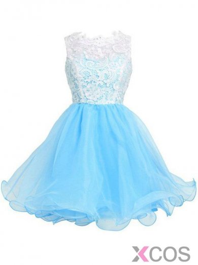 A-line Sleeveless Short/Mini Organza Homecoming Dress/Cocktail Dress With White Top Lace