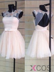 2015 Hot-selling A-line High Collar Sleeveless Tulle Beaded Appliqued Style Short Homecoming Dress TUHD-7265