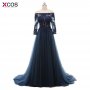 Elegant Boat Neck Sweep Train Lace Evening Dress 2018 Navy Blue Prom Dresses Robe De Soiree Party Dress With Long Sleeve