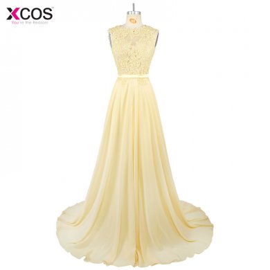 vestidos de fiesta largos elegantes de gala 2018 A line Yellow Long Summer Chiffon Prom Dresses Appliques Lace vestidos largos