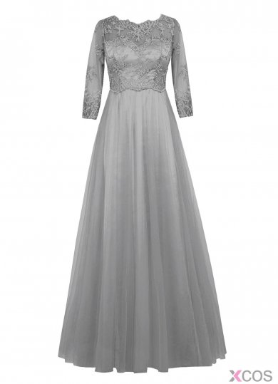 Elegant A-line Scalloped-Edge Floor-length Chiffon Half Sleeves Gery Long Prom Dress