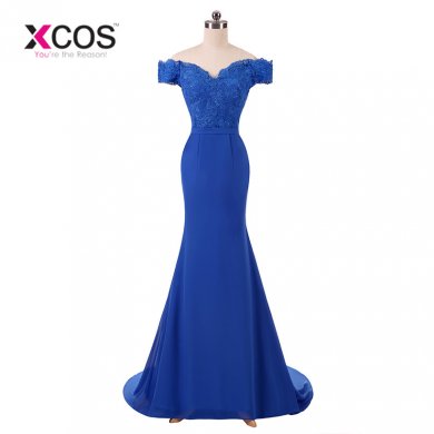 XCOS Long Royal Blue Prom Dress Lace Vestido De Festa Floor Length Party Gown Evening Dress Mermaid Prom Dresses 2018