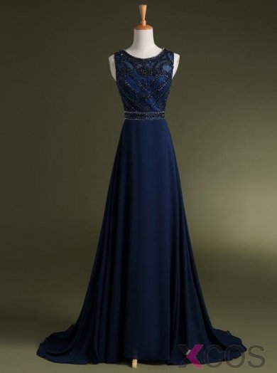 Simple Dress 2015 Scoop Beading Royal Blue Long Chiffon Prom Dresses/Evening Dresses/Party Dresses CHPD-7118