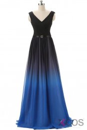 Black And Royal Blue Gradient Ombre Chiffon Back Up lace Prom Dresses