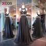 XCOS Crop-Top Black Evening Dress Chiffon Lace Sexy Two Piece Prom Dresses Open Back Appliques Beading vestido formatura