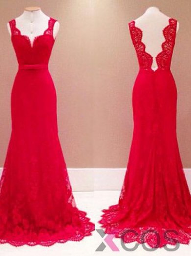 Elegant Mermaid V-ncek Long Red Backless Lace Evening/Prom Dress