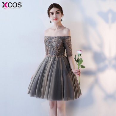 In stock Grey Beaded Sequins Cocktail Dresses Elegant Short Homecoming Dress Formal Party Mini Dress Women Short Prom Gown