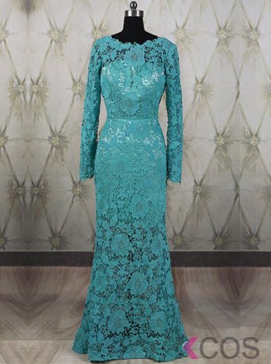 Elegant Mermaid Prom Dress - Long Sleeves Green Lace Backless