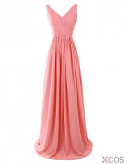 Fashion V-neck Ruffles Long Chiffon Coral Bridesmaid Dress