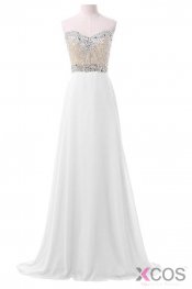 White Chiffon Sweetheart Beaded Long Prom Evening Dresses