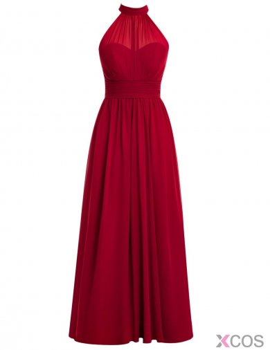 Simple A-line High Neck Chiffon Sleeveless Ruffles Red Prom Dress Evening Gowns